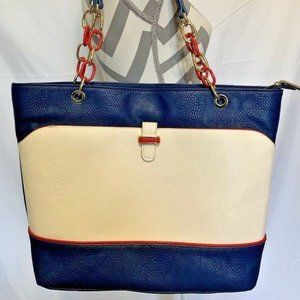 Cathy ~ Blue/White/Red Tote Travel Carry On Bag  with 1/2 Chain Handle